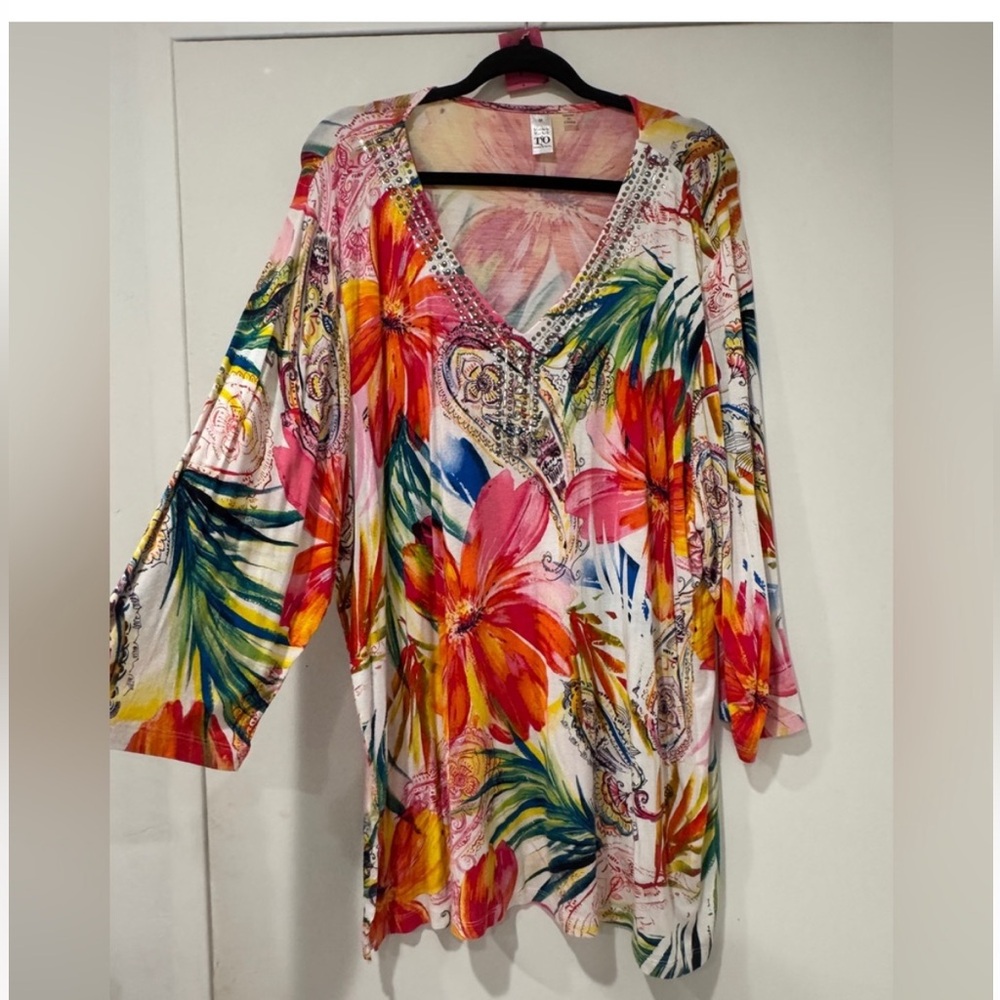 Thomas & Olivia Gorgeous Tropical Floral V-Neck Tunic~3x